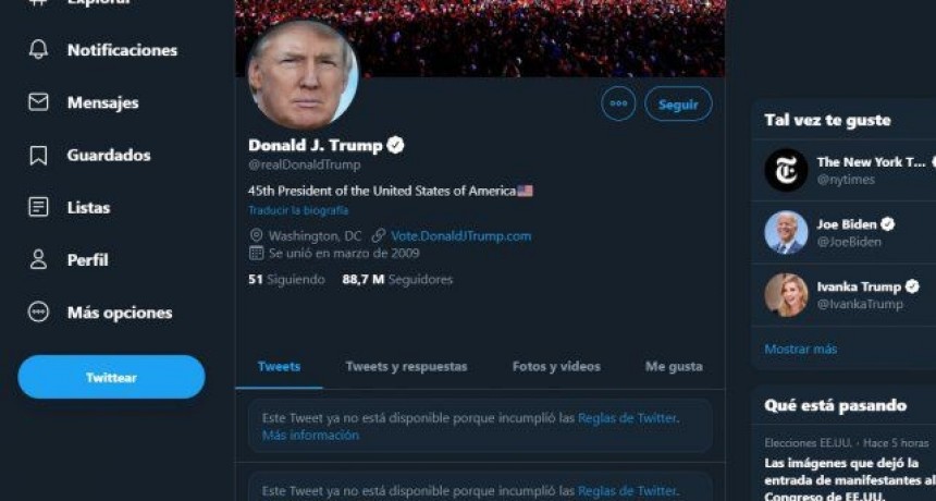 Por infracciones graves, Twitter suspendi&oacute; la cuenta de Donald Trump