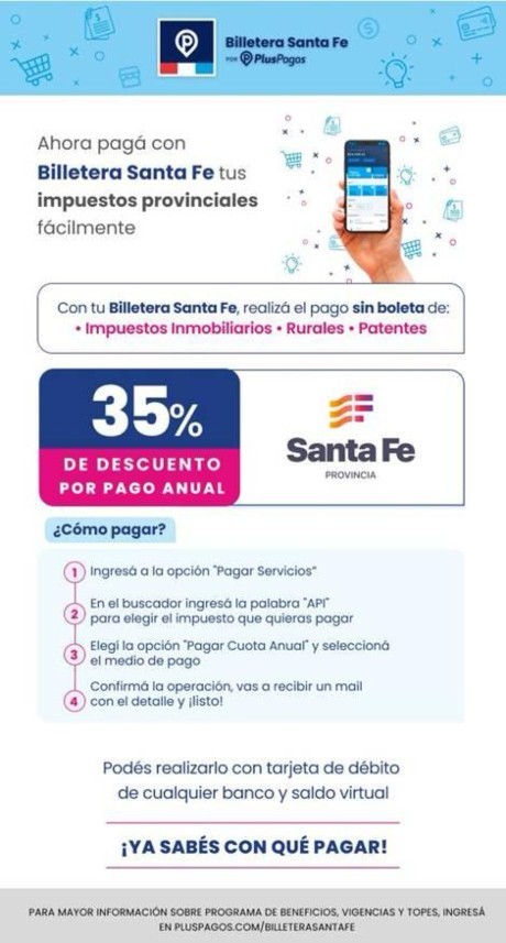 Ya se puede pagar los impuestos provinciales con Billetera Santa Fe y obtener el 35% de descuento