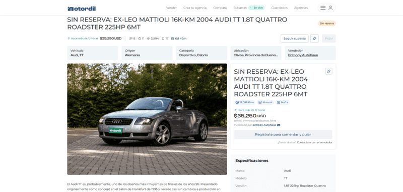 Subastan el Audi TT descapotable que tuvo Leo Mattioli hasta su muerte: por qu&eacute; es un auto tan codiciado
