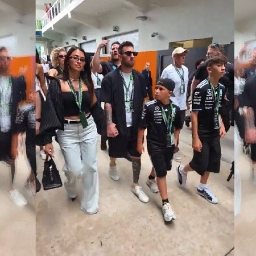 F&oacute;rmula 1: la llegada de Messi al paddock del GP de Miami y el abrazo con Franco Colapinto
