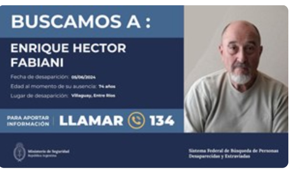 Sigue la b&uacute;squeda de Enrique Fabiani, desaparecido en un campo de Entre R&iacute;os