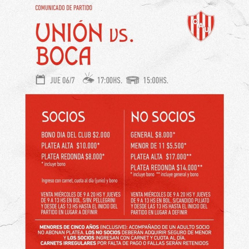 Uni&oacute;n vs Boca el jueves ser&aacute; "D&iacute;a del Club", cuanto salen las entradas