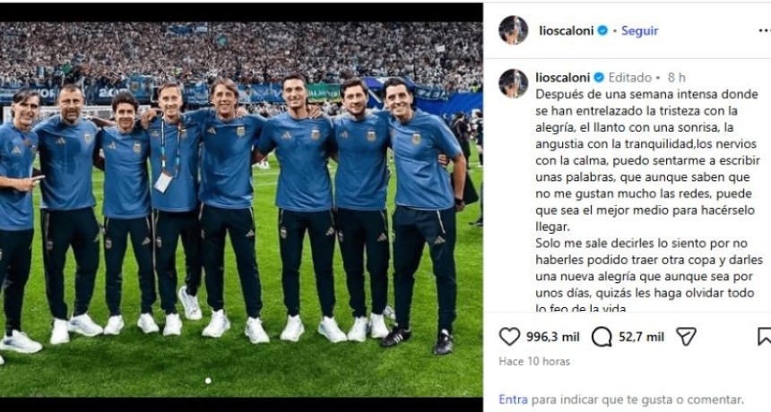 Lionel Scaloni public&oacute; un sentido mensaje a una semana de la derrota ante Espa&ntilde;a