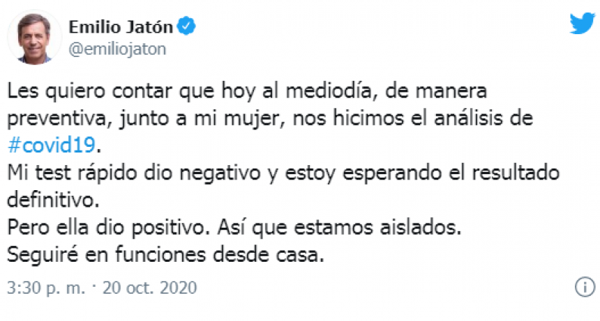 El intendente Emilio Jat&oacute;n est&aacute; aislado porque su mujer dio positivo de coronavirus