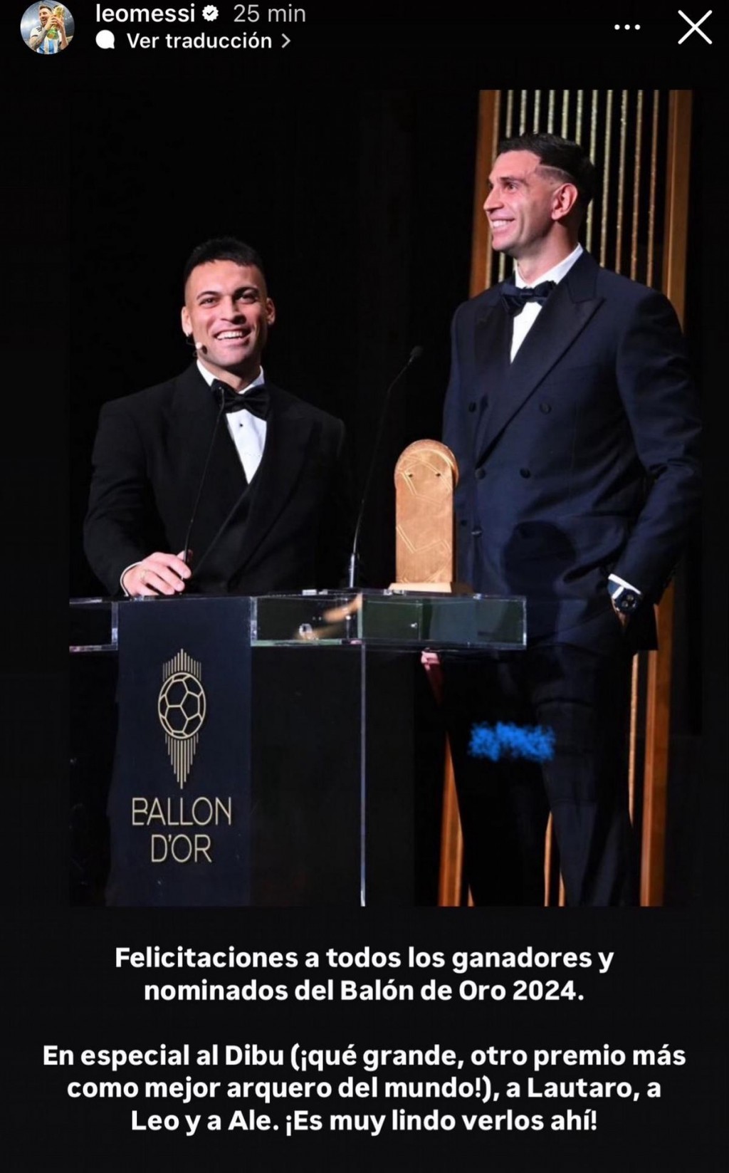 Messi felicitó al “Dibu” y a Lautaro por la participación en el Balón de Oro