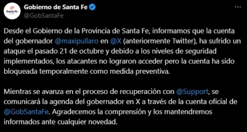 Atacaron la cuenta de Pullaro en la red social X y qued&oacute; bloqueada temporalmente