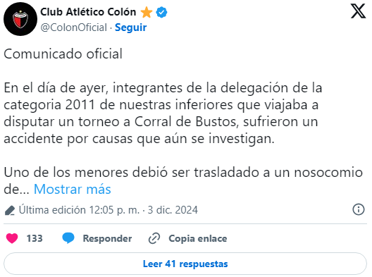 El comunicado de Colón tras el accidente que involucró a tres juveniles