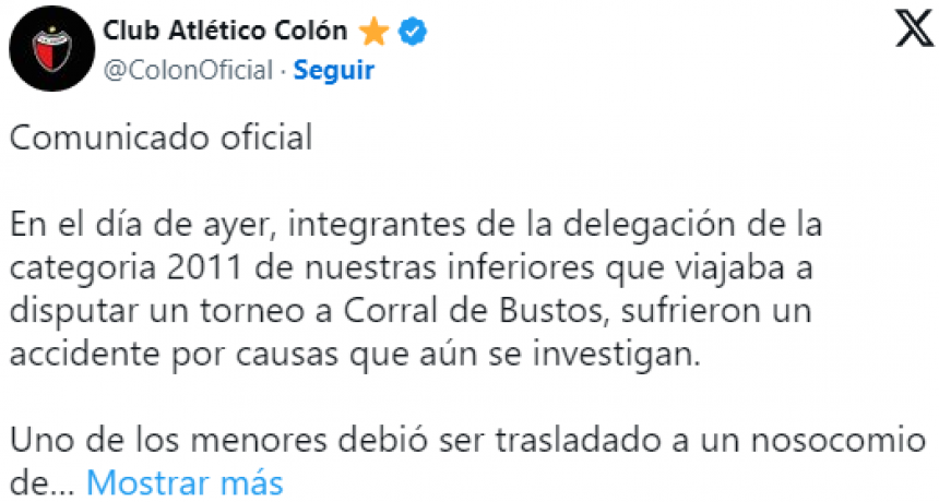 El comunicado de Col&oacute;n tras el accidente que involucr&oacute; a tres juveniles